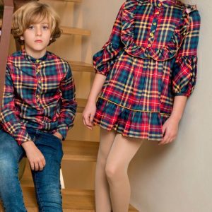 Camisa Niño Cuello Mao a cuadros rojos, mostazas y azules