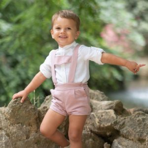 Conjunto bebé camisa blanca y peto rosa empolvado