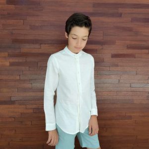 Camisa Niño Lino Blanco Manga Larga Cuello Mao by Michelle y Manuela